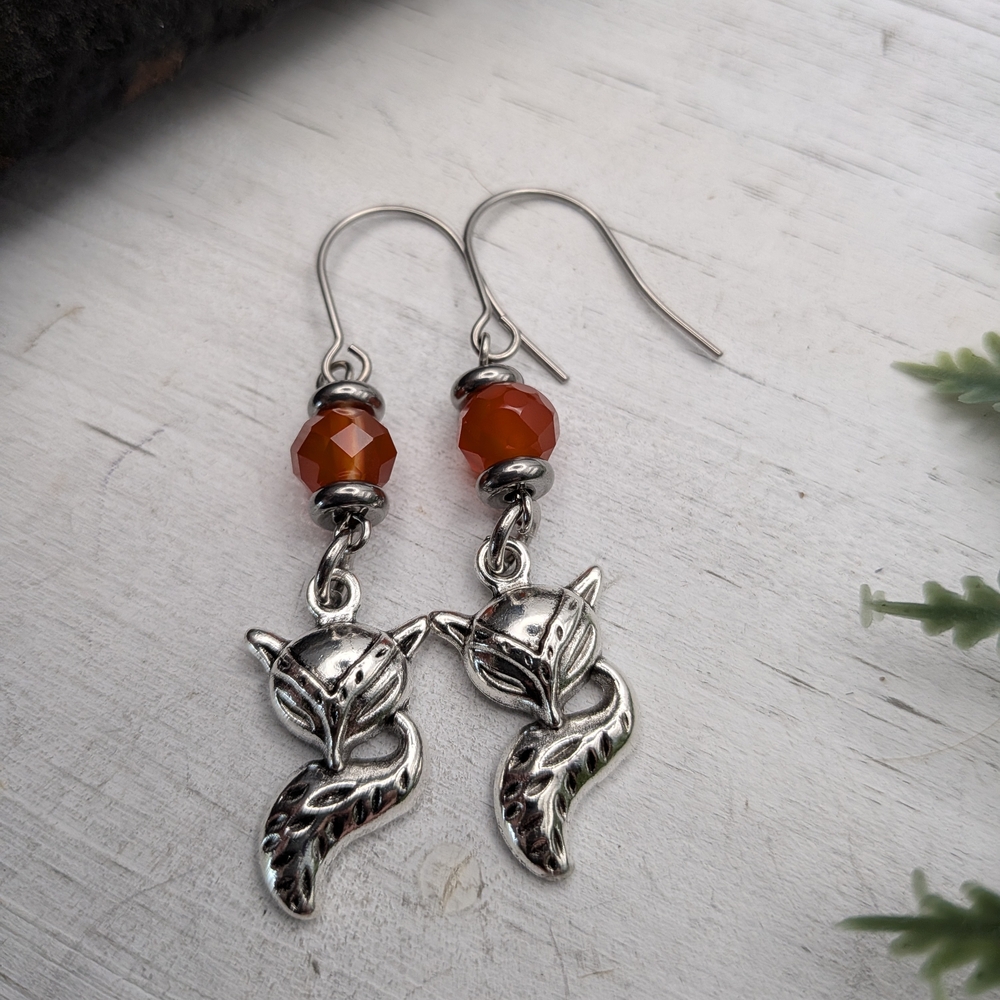 Beaded Fox Dangle Earrings with Orange Beads - Picture 4 of 4